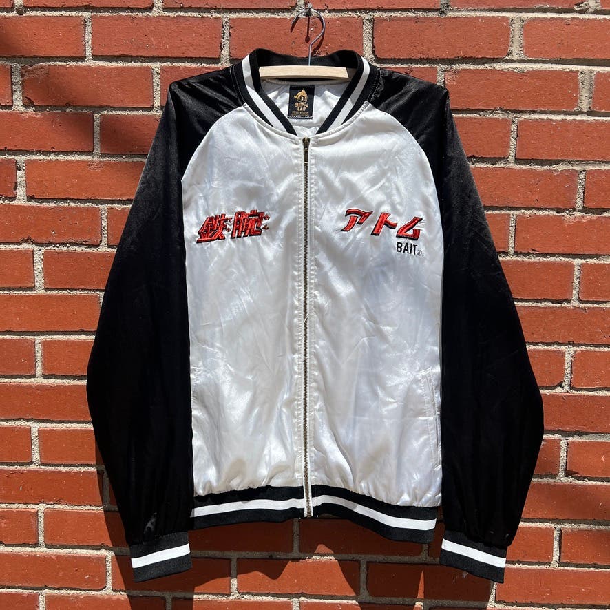 BAIT X ASTRO BOY Mens Souvenir Jacket -Sz Med- MIGHTY ATOM Black/White Satin