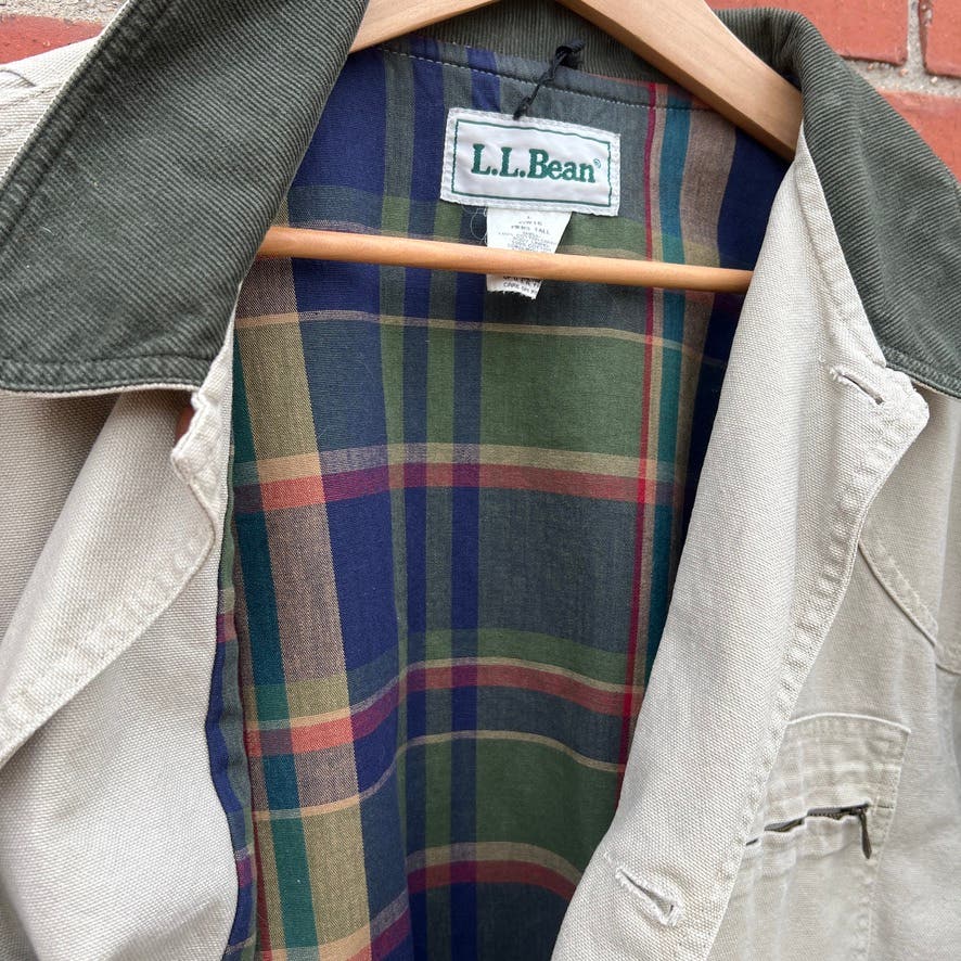 L.L. Bean Plaid Lined Field Coat -Sz Large- Vtg 90s Canvas Chore Jacket