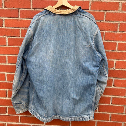LEE Jeans Denim Blanket Lined Chore Coat -Sz Lare- Vintage 70s Distressed Repair