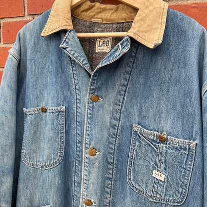 LEE Jeans Denim Blanket Lined Chore Coat -Sz Lare- Vintage 70s Distressed Repair