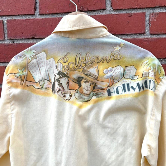 Vintage 70s Impulse "Hollywood" California Graphic Button Shirt - Sz XL - RARE