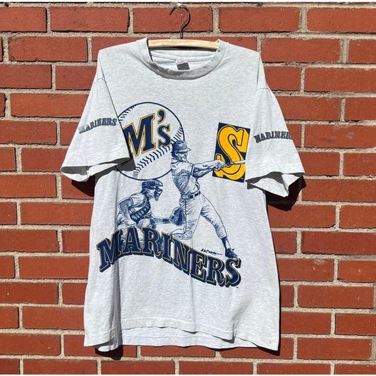 Seattle Mariners M's MLB Baseball T-Shirt - Sz XL - Vintage 90s AOP Tee