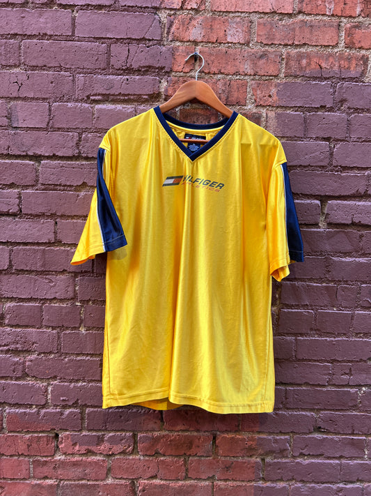 1990s Tommy Hilfiger Jersey Shirt - Size Large - Yellow/Blue satin top