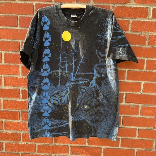 Moon & Wolf Forrest All Over Print Single Stitch T-shirt |Sz XL| Vtg 90s AOP Tee