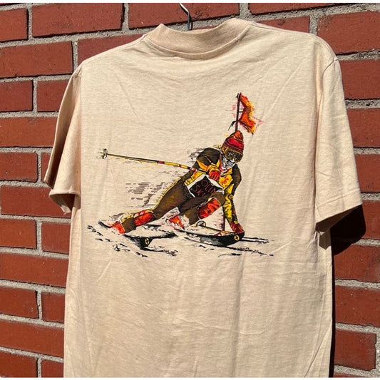 Olin Skis Cartoon Skier T-Shirt - Sz Large - Vintage 80s Olympics Tee