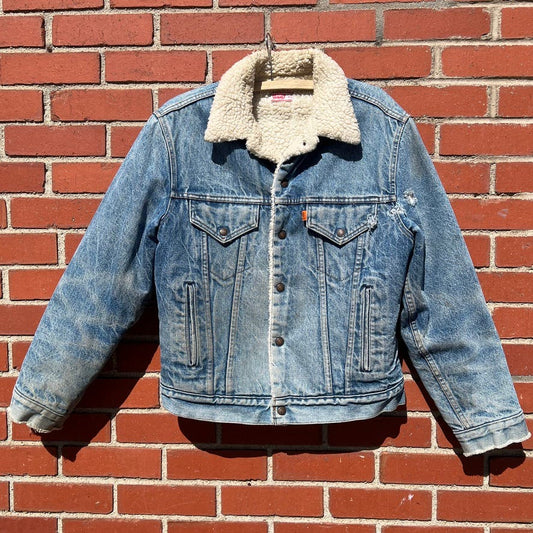 Vtg 80s Levi's Type 3 Sherpa Lined Trucker Jacket - Sz Med - Orange Tab Denim