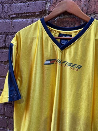 1990s Tommy Hilfiger Jersey Shirt - Size Large - Yellow/Blue satin top