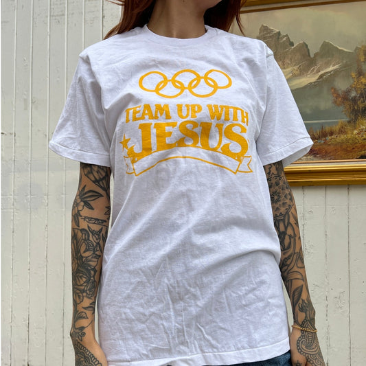 Vintage 80s Jesus Olympic Rings T-Shirt | Sz Medium