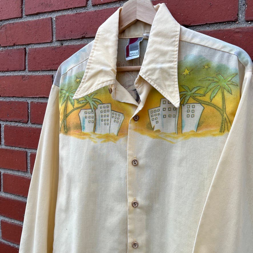Vintage 70s Impulse "Hollywood" California Graphic Button Shirt - Sz XL - RARE