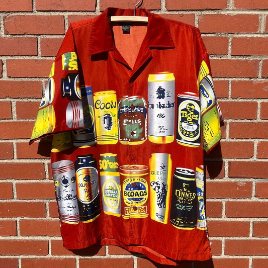 Vtg 90s Beer Can Hawaiian Style Shirt - Sz Medium - All over print Alcohol Merch
