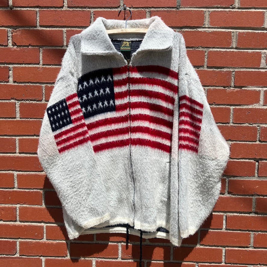 Ruminahui American Flag Zip Up Mohair Style Sweater -Sz XL- Vtg Y2k Style