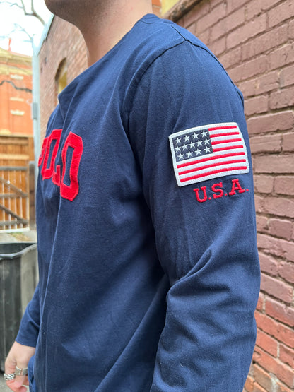 POLO Ralph Lauren “big POLO spell out” long sleeve American Flag -  Size XL - New York City Street style